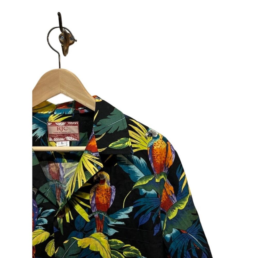 VTG Hawaiian shirt button up short sleeve tropical jungle leaves and parrots L - Picture 3 of 7